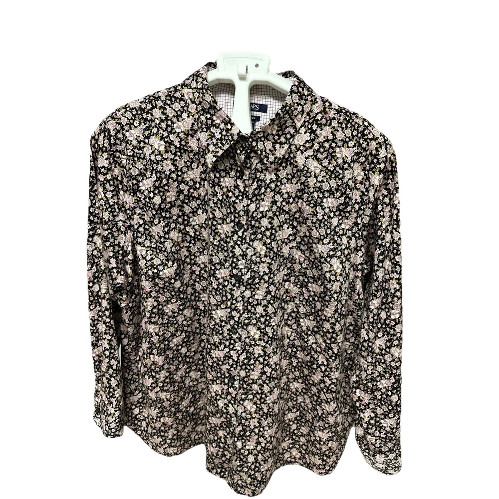 Chaps No Iron Women's 1x/Tg/Eg Long Sleeve 100% Cotton Button Down Shirt Floral